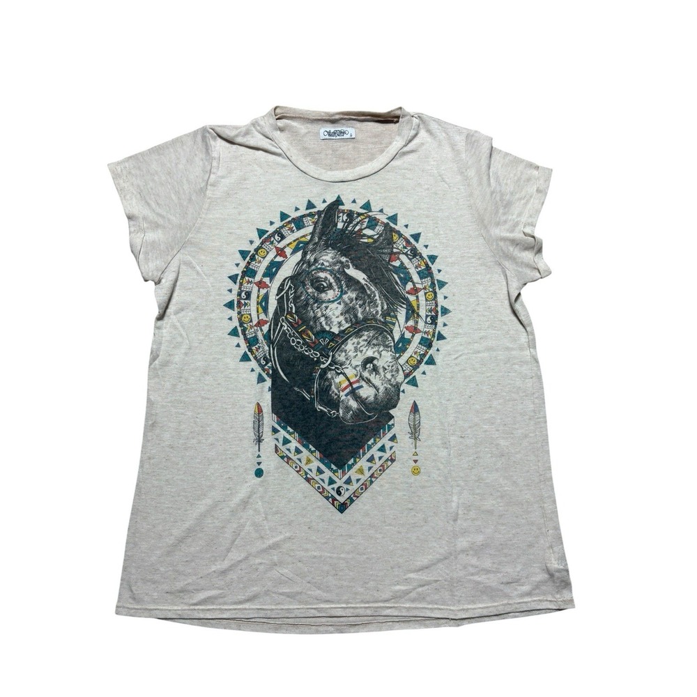 Lauren Moshi Slight Pink Graphic Tee Horse Boho Western Native Womens Large